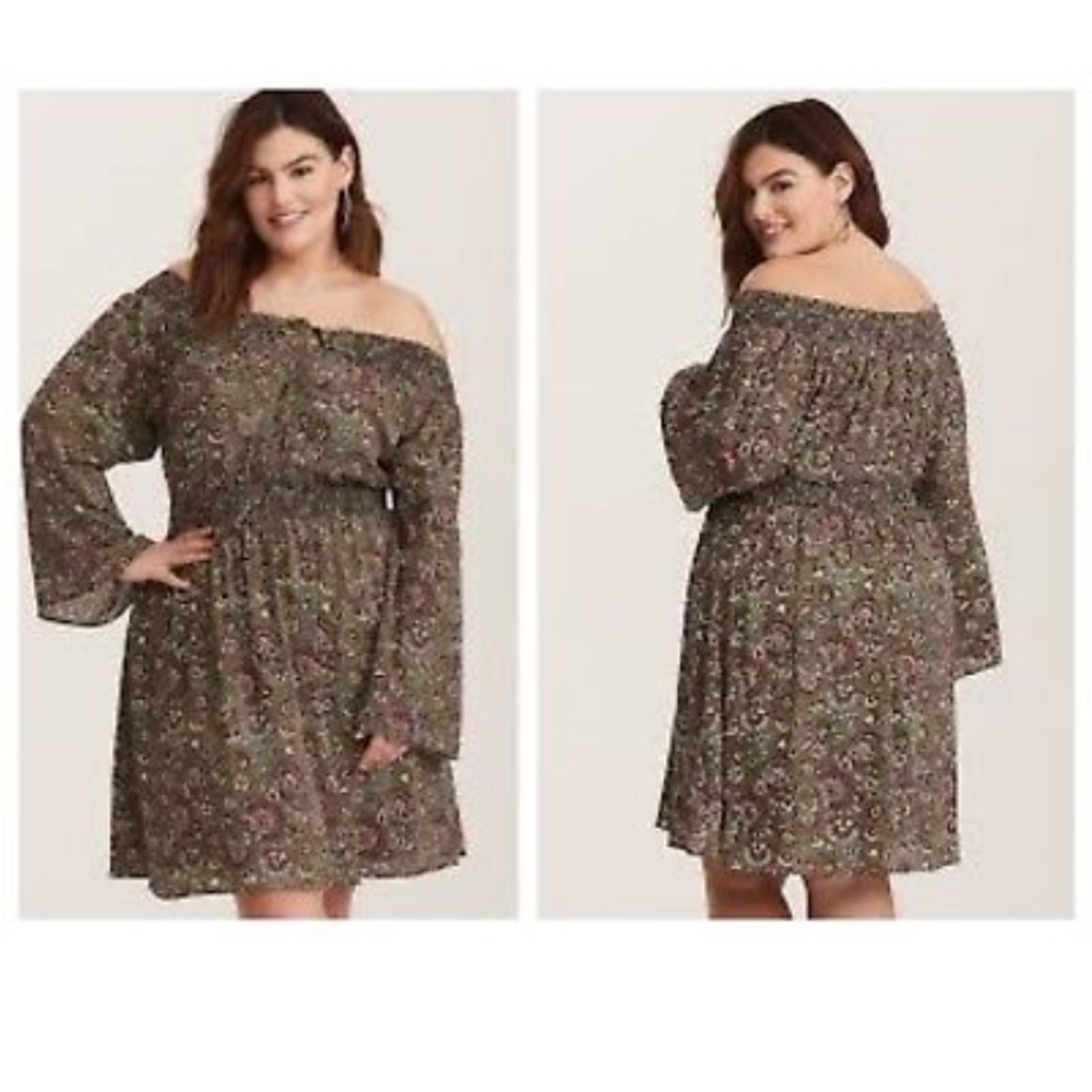 Torrid Multi Color Floral Off-Shoulder Lace- Up Challis Skater Dress